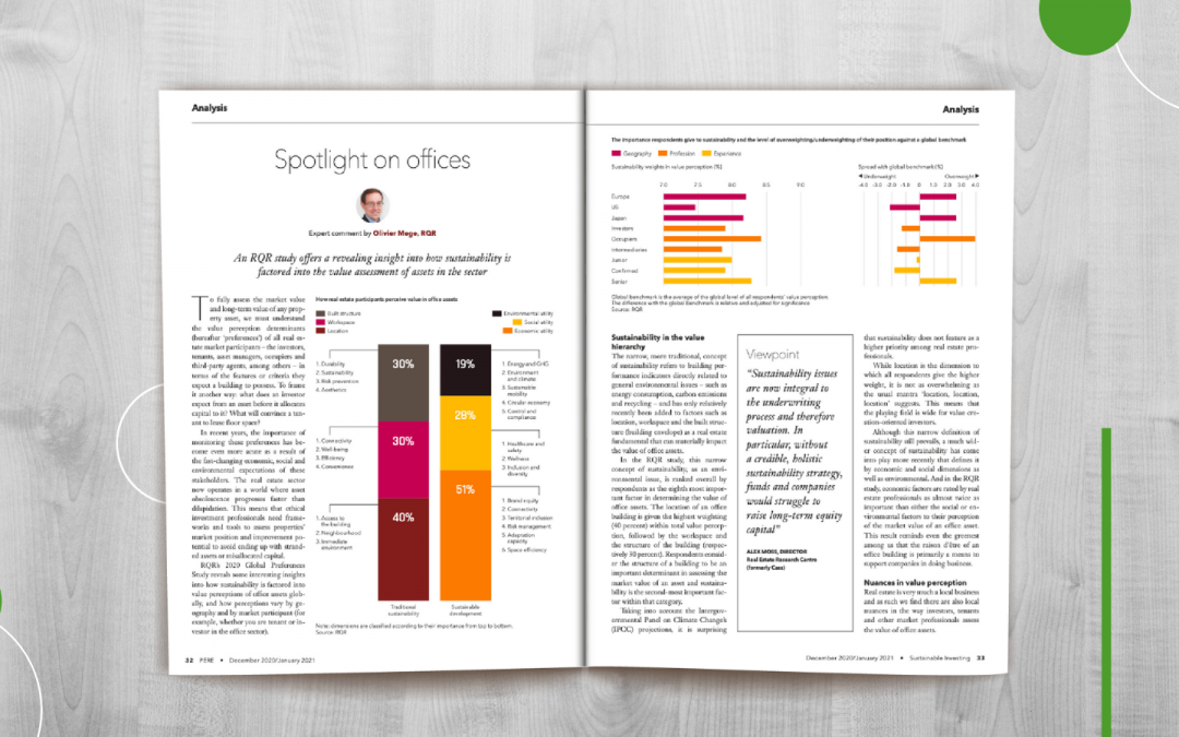 Olivier Mège discusses how sustainability is factored into the value assessment of office assets by real estate market participants in the Dec 2020 / Jan 2021 PERE edition